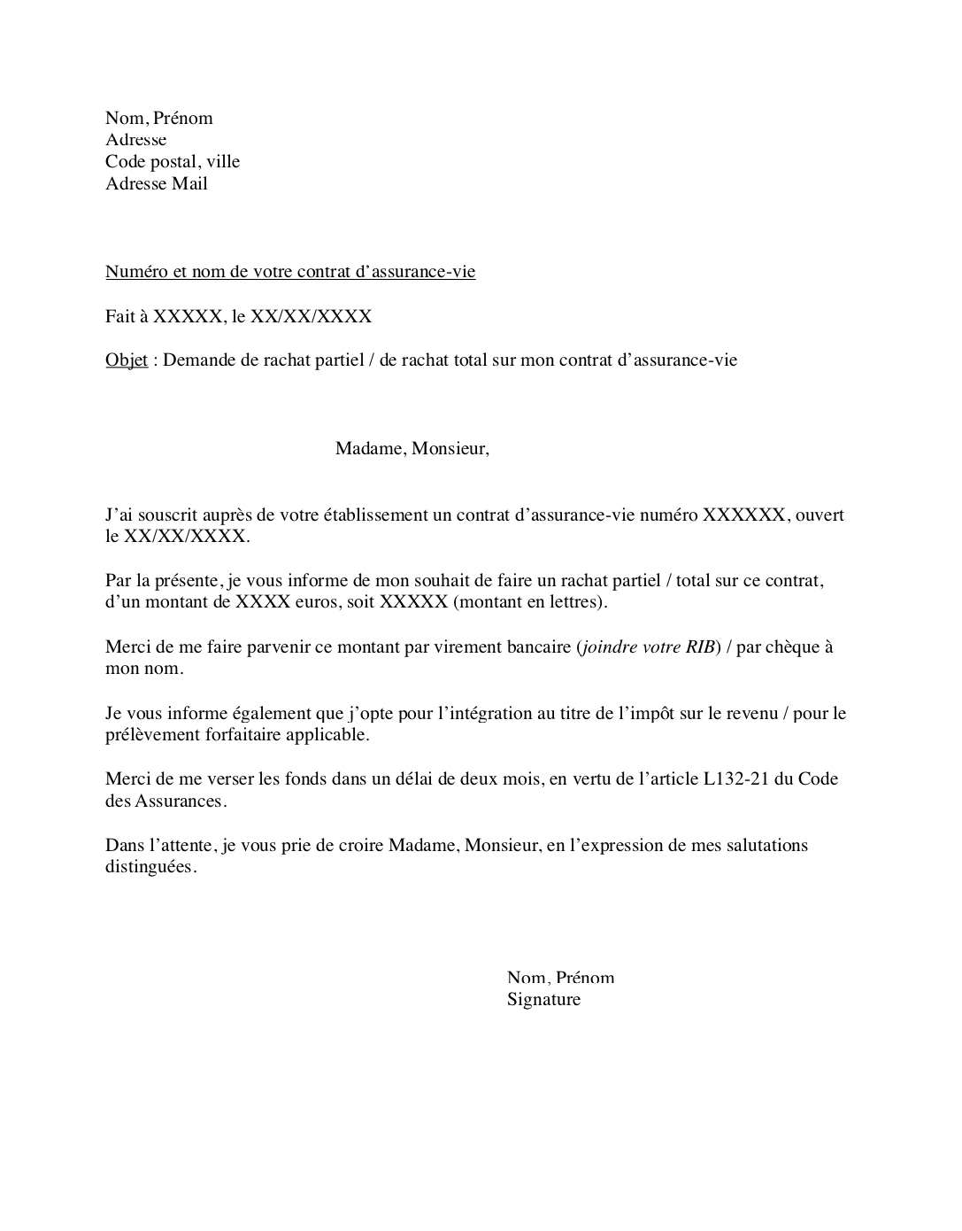 Modèle lettre demande rachat partiel assurance vie