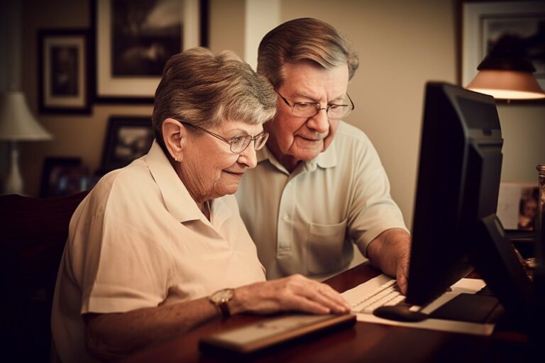Couple de seniors souriants discutant d'une assurance obsèques dans un cadre serein