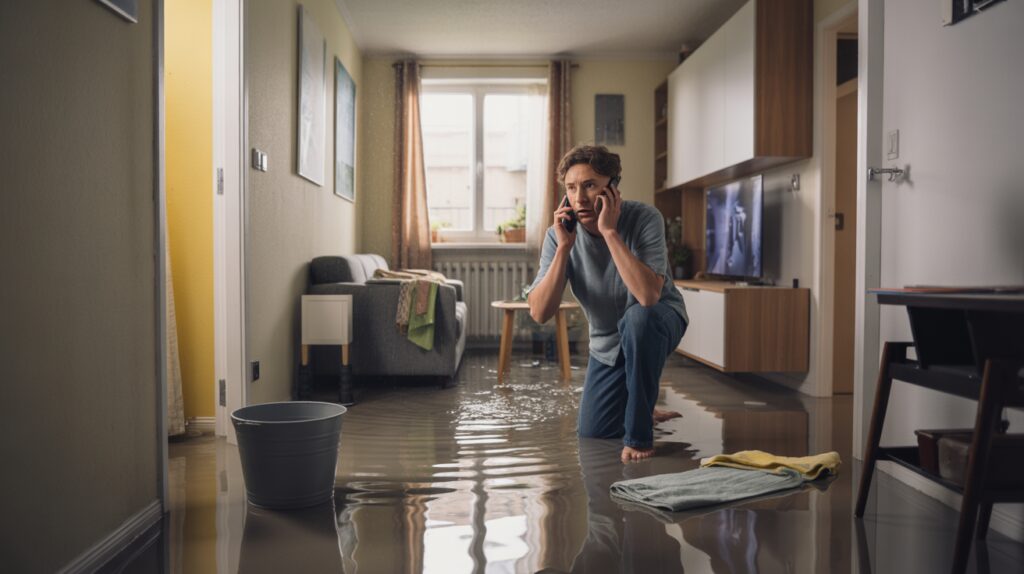 Un propriétaire inquiet téléphone dans son salon partiellement inondé, avec des traces de dégât des eaux et une lumière naturelle réaliste.
